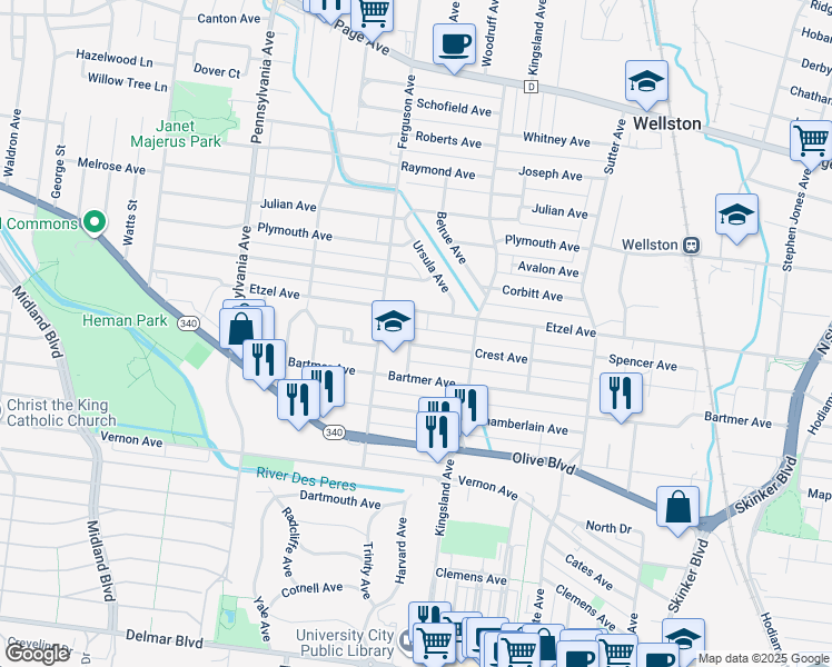 map of restaurants, bars, coffee shops, grocery stores, and more near 6750 Etzel Avenue in University City