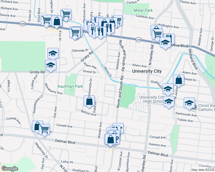 map of restaurants, bars, coffee shops, grocery stores, and more near 977 Warder Avenue in University City