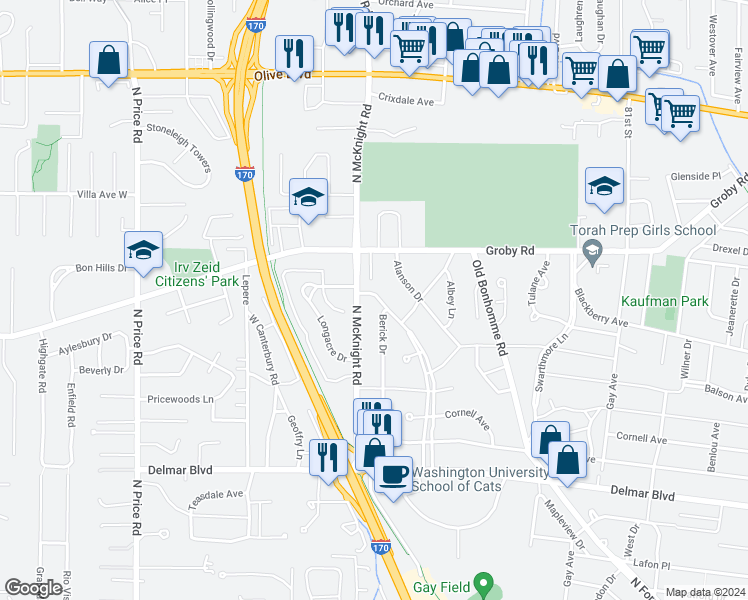 map of restaurants, bars, coffee shops, grocery stores, and more near 900 North McKnight Road in St. Louis