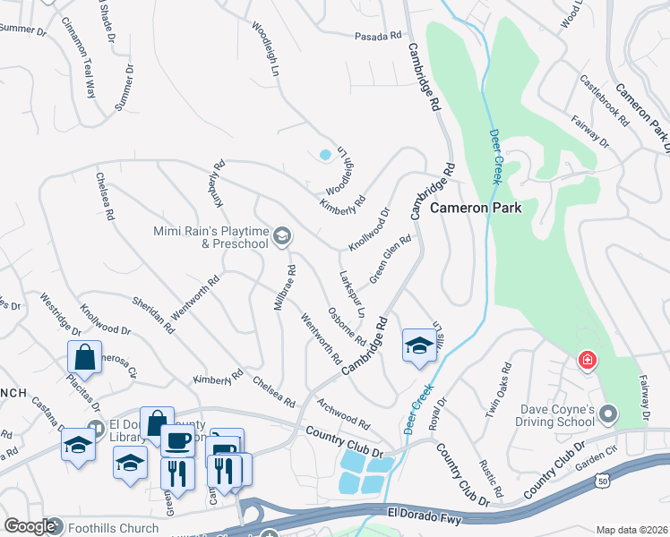 map of restaurants, bars, coffee shops, grocery stores, and more near 2954 Knollwood Drive in Cameron Park