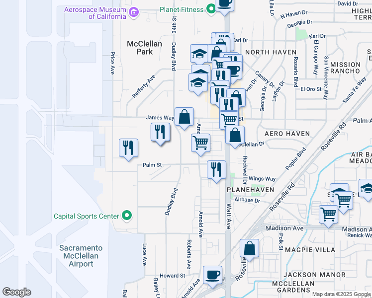 map of restaurants, bars, coffee shops, grocery stores, and more near 5504 Dudley Boulevard in McClellan Park