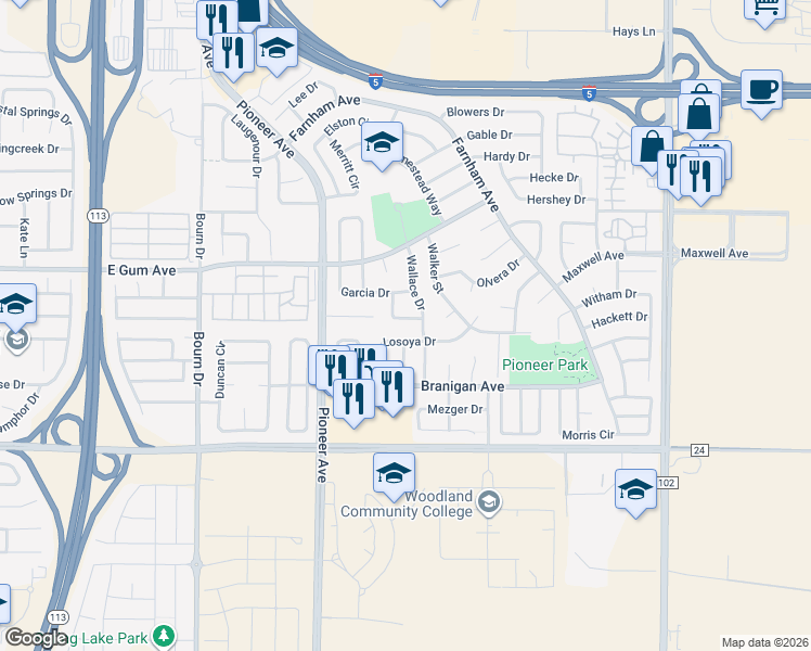 map of restaurants, bars, coffee shops, grocery stores, and more near 910 Wallace Drive in Woodland