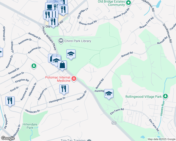 map of restaurants, bars, coffee shops, grocery stores, and more near 3940 Leaf Lawn Lane in Woodbridge