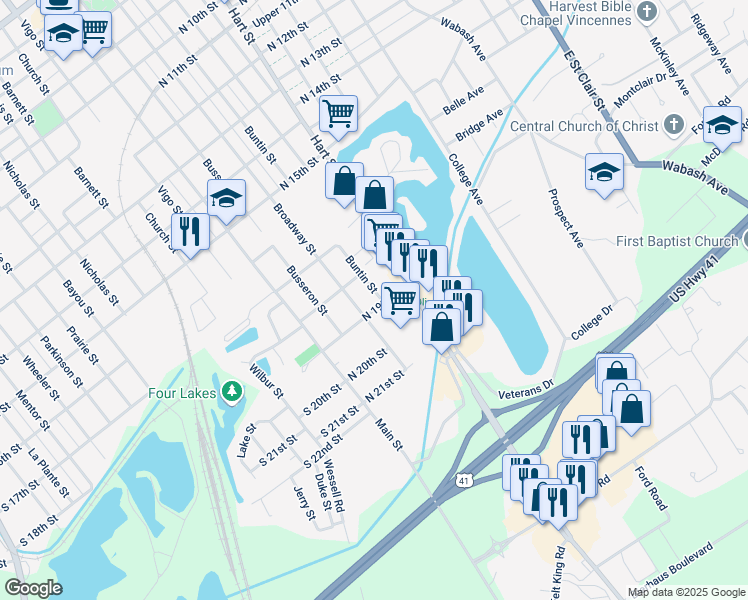 map of restaurants, bars, coffee shops, grocery stores, and more near 308 North 19th Street in Vincennes