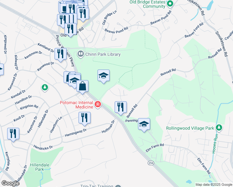 map of restaurants, bars, coffee shops, grocery stores, and more near 3940 Leaf Lawn Lane in Woodbridge