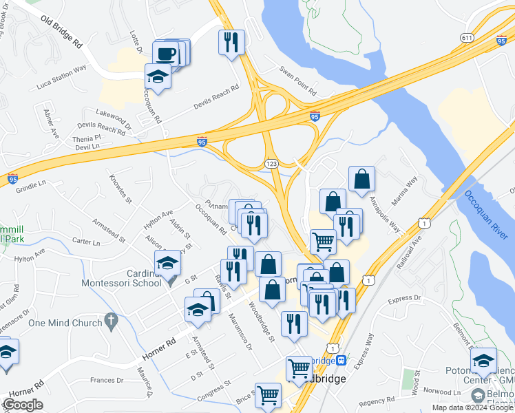 map of restaurants, bars, coffee shops, grocery stores, and more near 1254 Corbett Place in Woodbridge