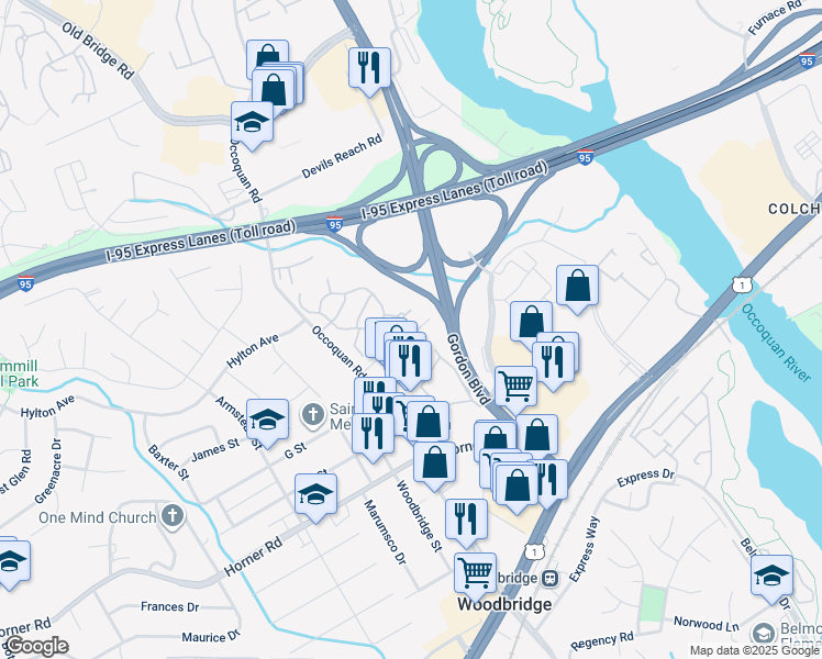 map of restaurants, bars, coffee shops, grocery stores, and more near 1254 Corbett Place in Woodbridge