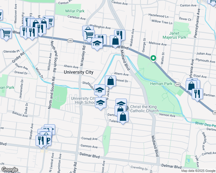 map of restaurants, bars, coffee shops, grocery stores, and more near 7411 Chamberlain Avenue in University City