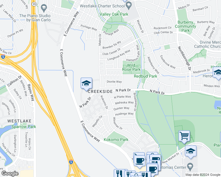 map of restaurants, bars, coffee shops, grocery stores, and more near 3004 Trap Rock Way in Sacramento