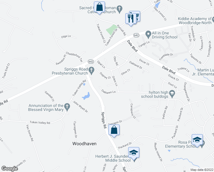 map of restaurants, bars, coffee shops, grocery stores, and more near 6499 Oxbow Court in Dale City
