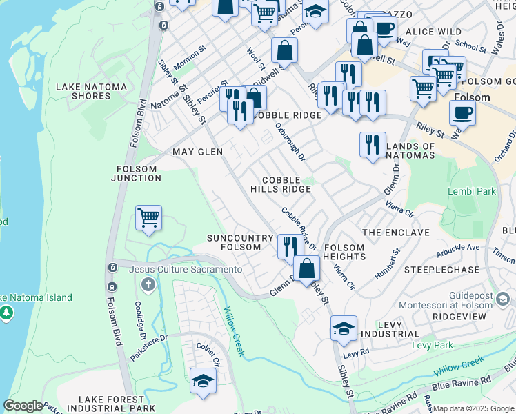 map of restaurants, bars, coffee shops, grocery stores, and more near 116 Cobble Ridge Drive in Folsom