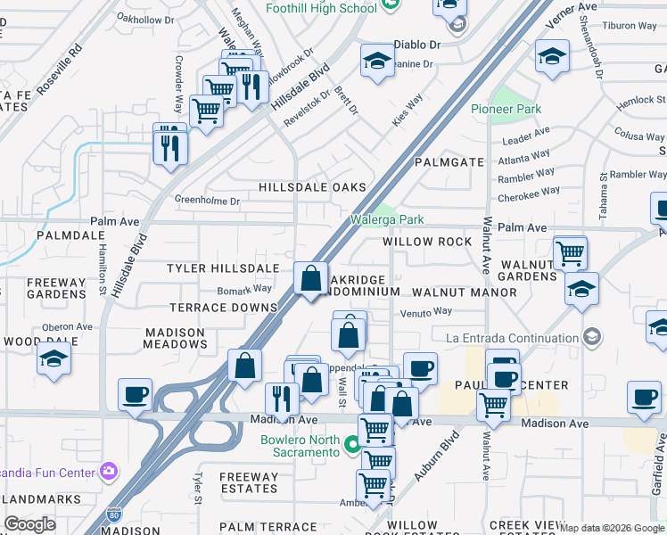 map of restaurants, bars, coffee shops, grocery stores, and more near 4803 Mary Kate Drive in Sacramento