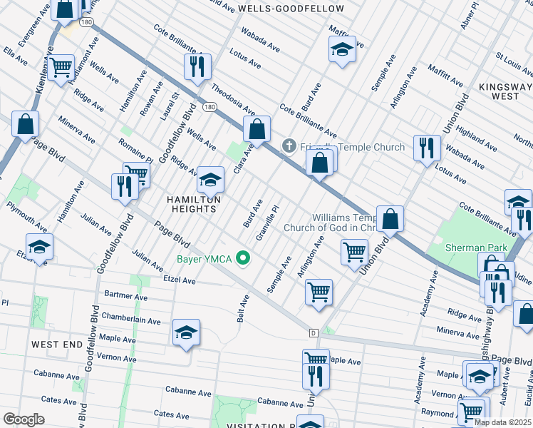 map of restaurants, bars, coffee shops, grocery stores, and more near 1430 Granville Place in St. Louis