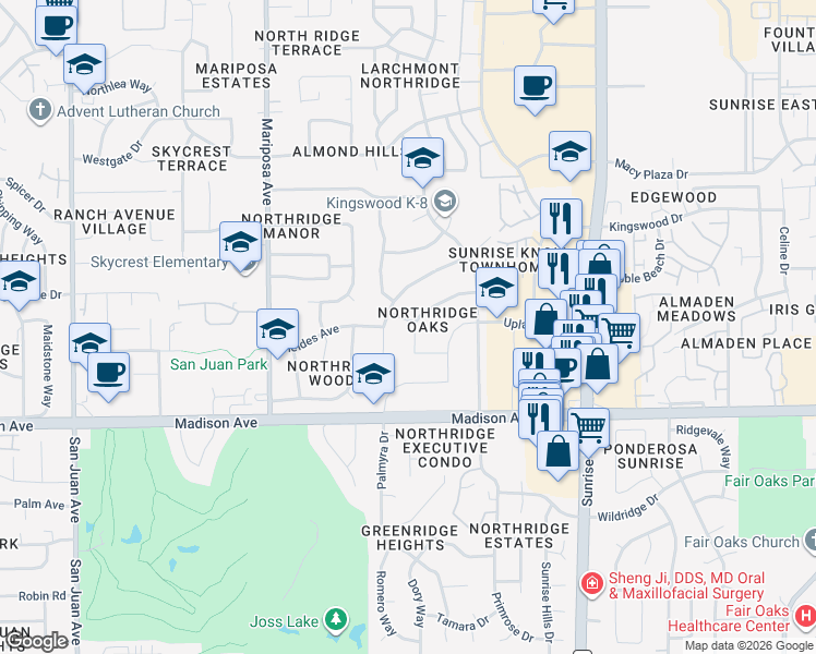 map of restaurants, bars, coffee shops, grocery stores, and more near 5534 Kingswood Drive in Citrus Heights