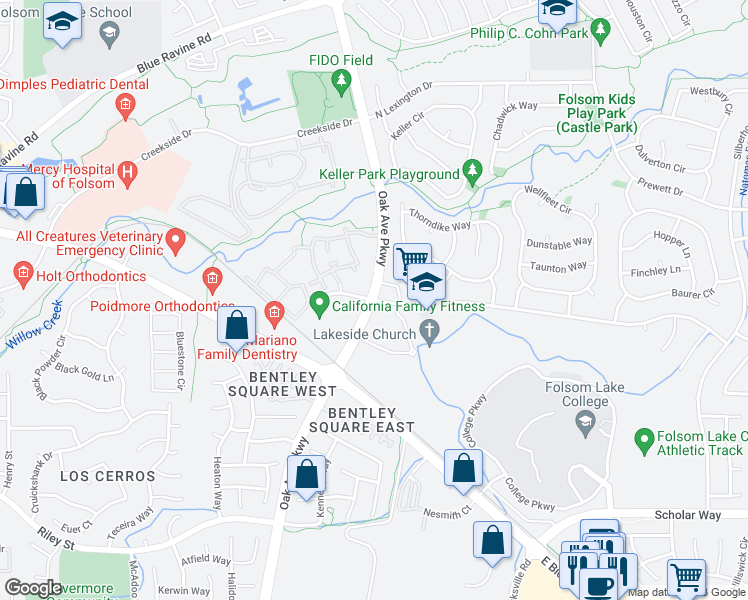 map of restaurants, bars, coffee shops, grocery stores, and more near Oak Ave Pkwy & S Lexington Dr in Folsom