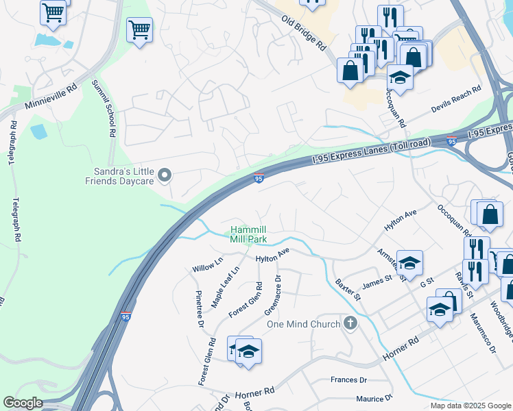 map of restaurants, bars, coffee shops, grocery stores, and more near 13201 Valley Drive in Woodbridge
