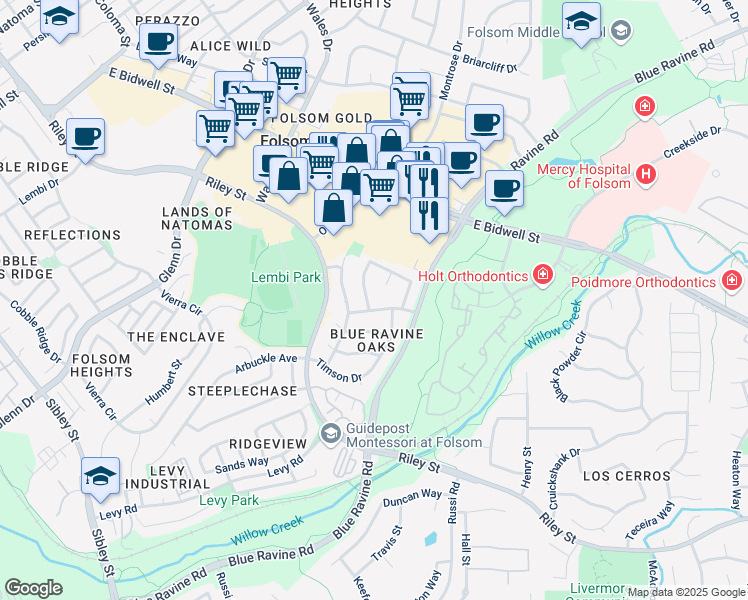 map of restaurants, bars, coffee shops, grocery stores, and more near 107 Chesterfield Way in Folsom