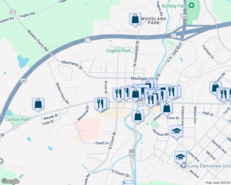 map of restaurants, bars, coffee shops, grocery stores, and more near 107 North Court Street in Luray