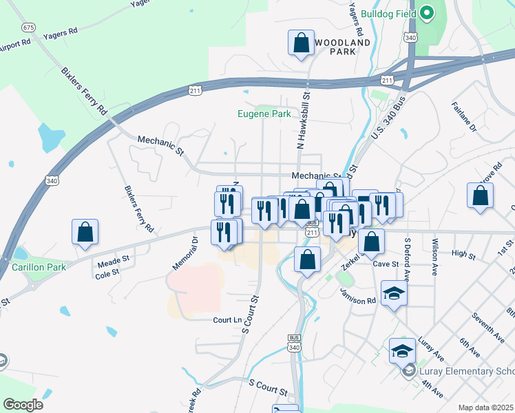 map of restaurants, bars, coffee shops, grocery stores, and more near 107 North Court Street in Luray