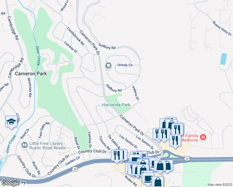map of restaurants, bars, coffee shops, grocery stores, and more near 3641 Sudbury Road in Shingle Springs