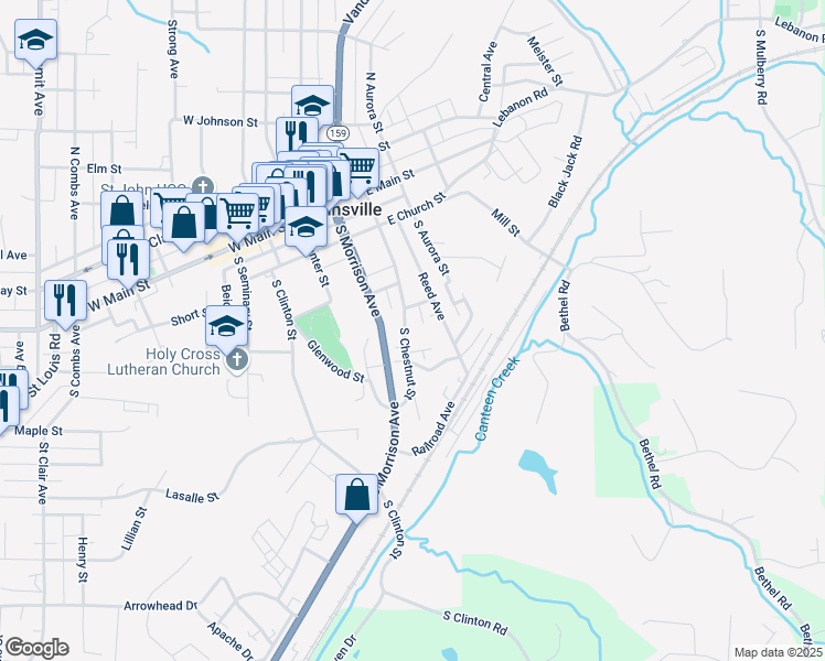 map of restaurants, bars, coffee shops, grocery stores, and more near 428 South Chestnut Street in Collinsville