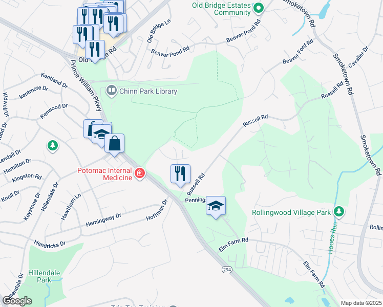map of restaurants, bars, coffee shops, grocery stores, and more near 3904 Leaf Lawn Lane in Woodbridge