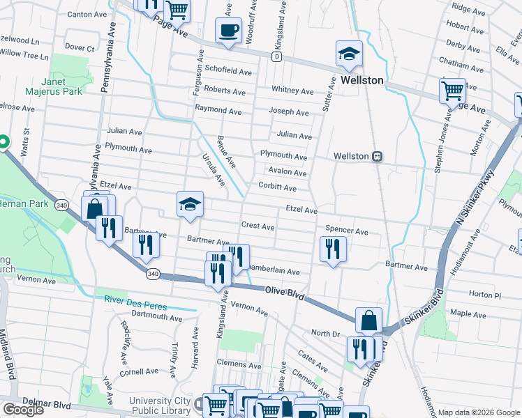 map of restaurants, bars, coffee shops, grocery stores, and more near 6633 Etzel Avenue in University City