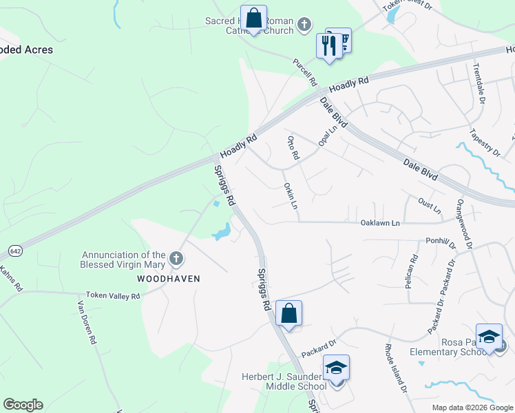 map of restaurants, bars, coffee shops, grocery stores, and more near 6258 Oaklawn Lane in Woodbridge