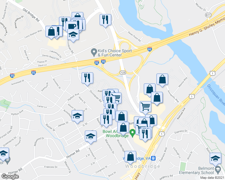 map of restaurants, bars, coffee shops, grocery stores, and more near 1231 Fox Run Place in Woodbridge