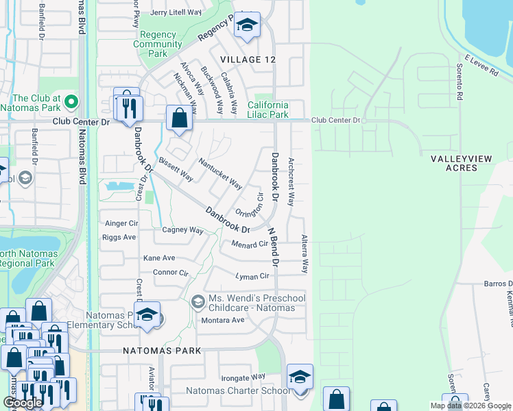 map of restaurants, bars, coffee shops, grocery stores, and more near 201 Orrington Circle in Sacramento