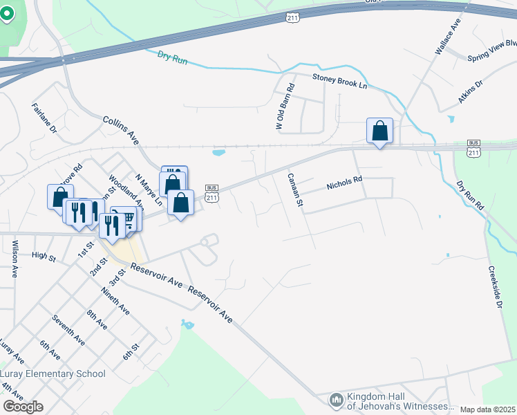 map of restaurants, bars, coffee shops, grocery stores, and more near 6 Constitution Avenue in Luray