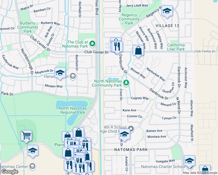 map of restaurants, bars, coffee shops, grocery stores, and more near 199 Ainger Circle in Sacramento