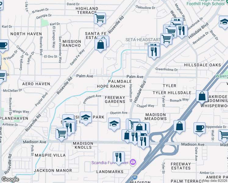 map of restaurants, bars, coffee shops, grocery stores, and more near 4206 Watrous Avenue in Sacramento
