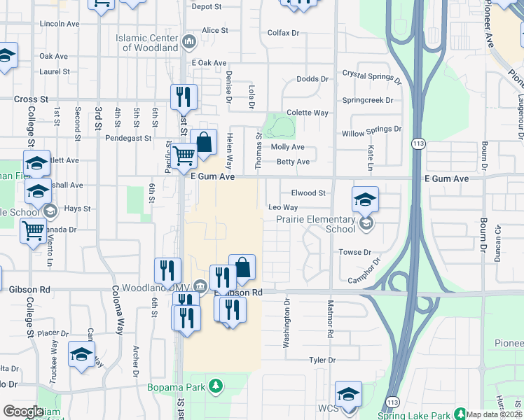 map of restaurants, bars, coffee shops, grocery stores, and more near 928 Leo Way in Woodland