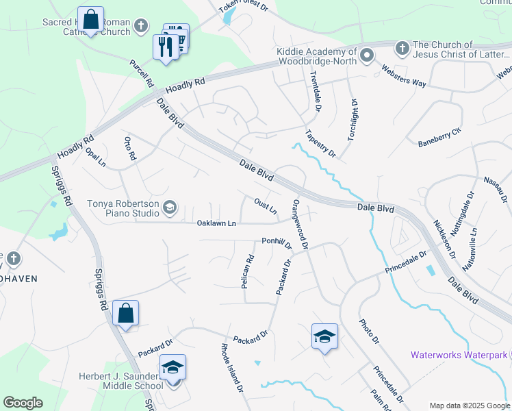 map of restaurants, bars, coffee shops, grocery stores, and more near 6097 Oust Lane in Woodbridge