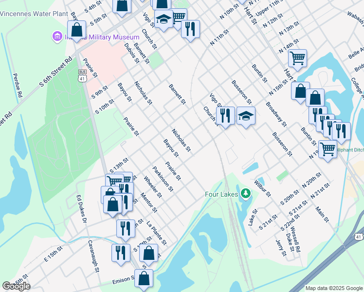 map of restaurants, bars, coffee shops, grocery stores, and more near 1406 Nicholas Street in Vincennes