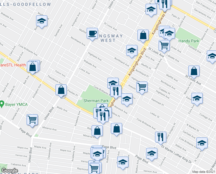 map of restaurants, bars, coffee shops, grocery stores, and more near 5048 Lotus Avenue in St. Louis