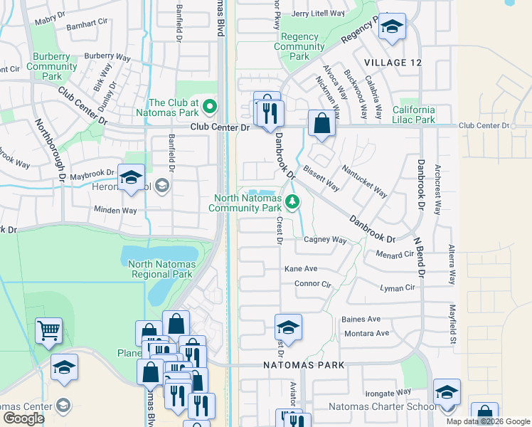 map of restaurants, bars, coffee shops, grocery stores, and more near 299 Ainger Circle in Sacramento