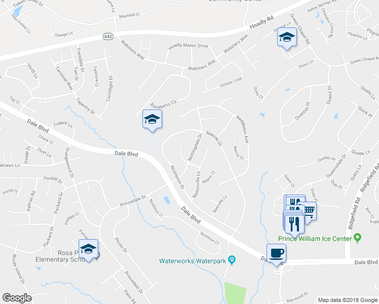 map of restaurants, bars, coffee shops, grocery stores, and more near 13212 Nottingdale Drive in Woodbridge