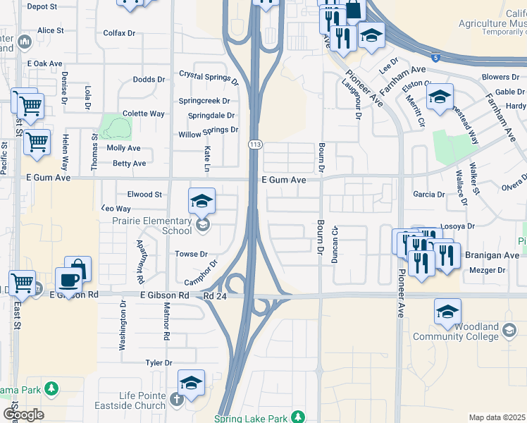 map of restaurants, bars, coffee shops, grocery stores, and more near 928 Sun Valley Court in Woodland