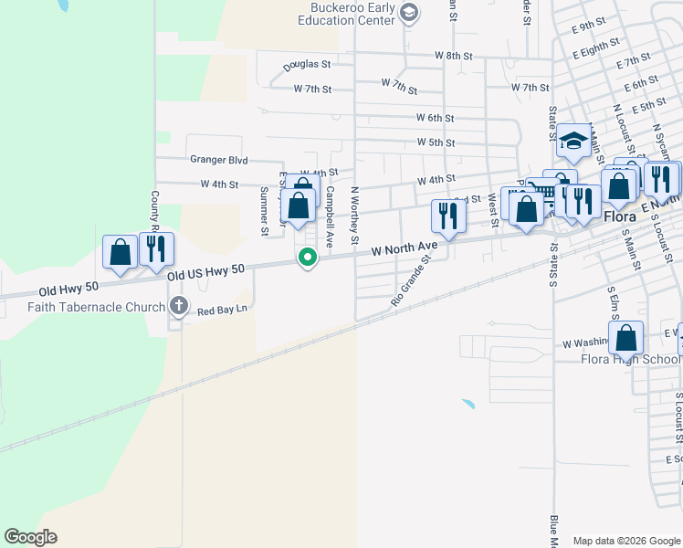 map of restaurants, bars, coffee shops, grocery stores, and more near South Worthey Street in Flora