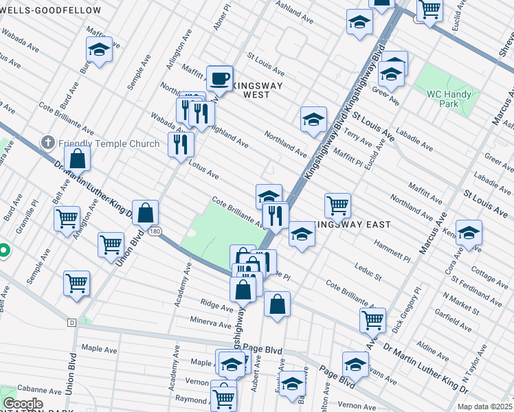 map of restaurants, bars, coffee shops, grocery stores, and more near 5040 Lotus Avenue in St. Louis