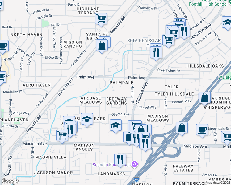map of restaurants, bars, coffee shops, grocery stores, and more near 4206 Watrous Avenue in Sacramento