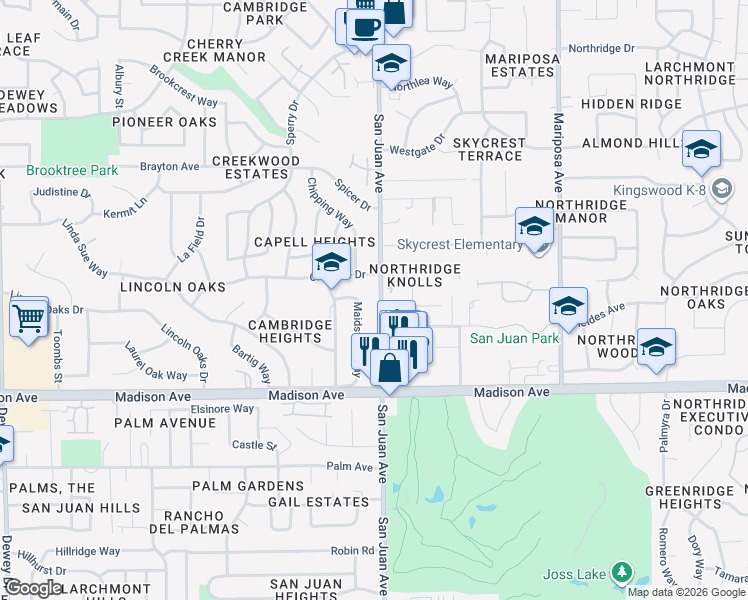 map of restaurants, bars, coffee shops, grocery stores, and more near 5536 Maidstone Way in Citrus Heights