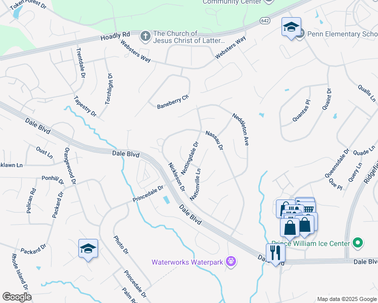 map of restaurants, bars, coffee shops, grocery stores, and more near 13212 Nottingdale Drive in Woodbridge