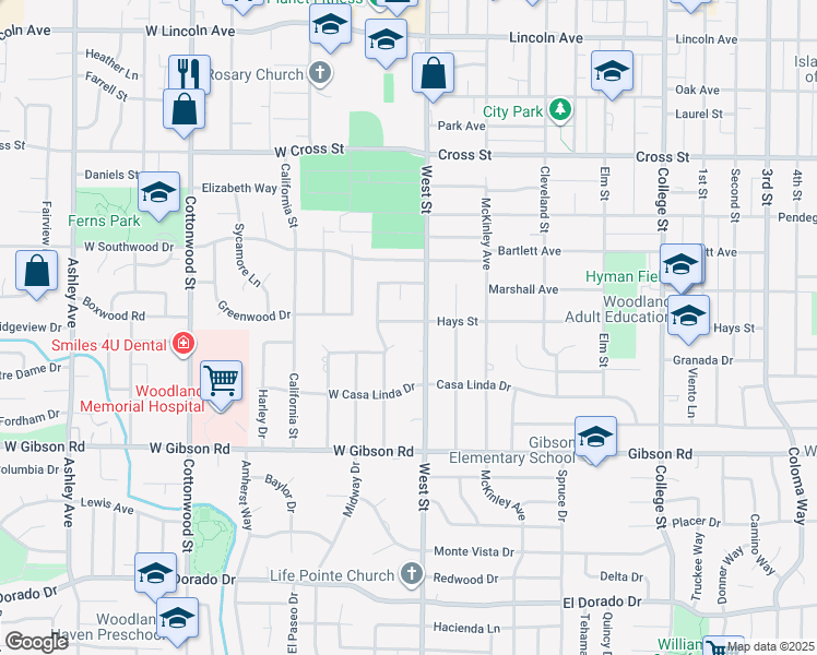 map of restaurants, bars, coffee shops, grocery stores, and more near 10 West Hays Street in Woodland