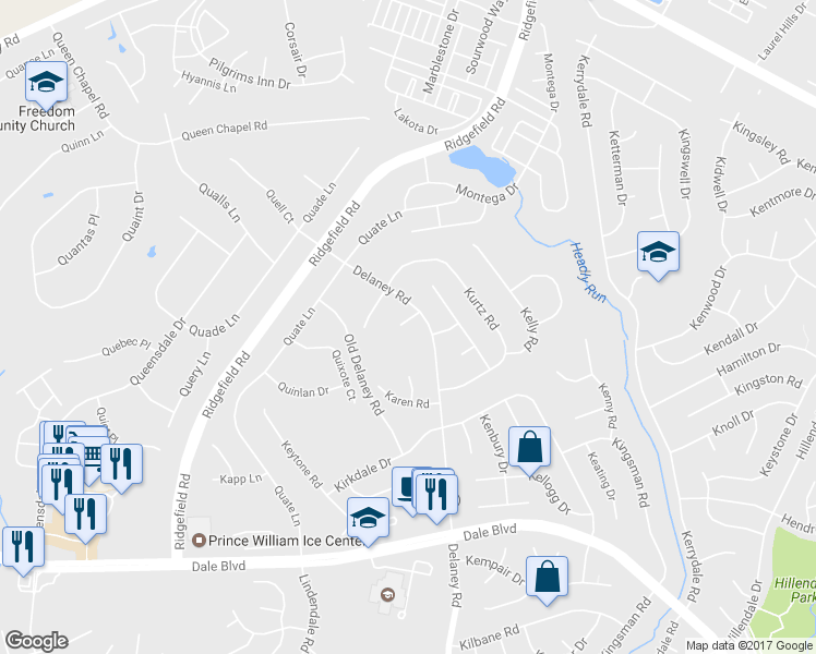map of restaurants, bars, coffee shops, grocery stores, and more near 4953 Klein Court in Woodbridge
