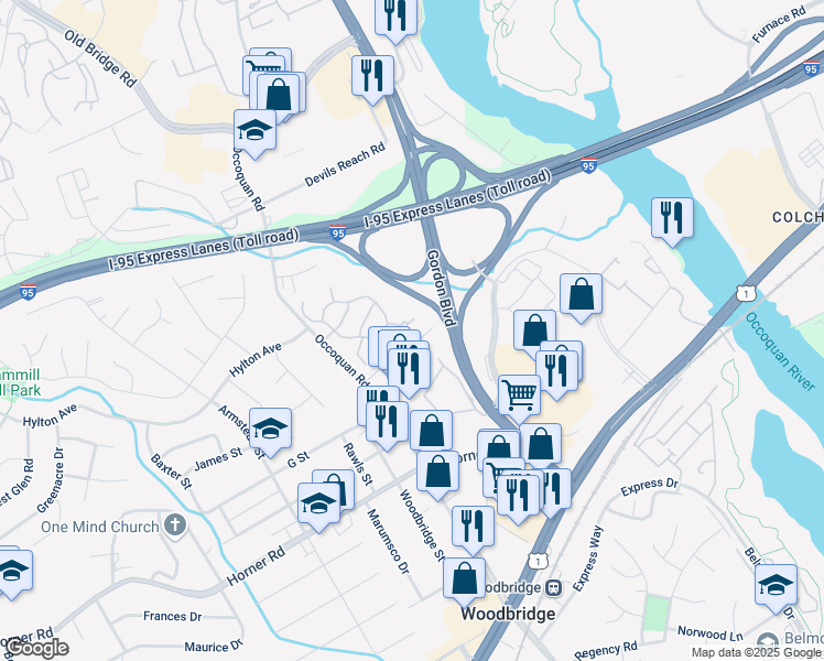 map of restaurants, bars, coffee shops, grocery stores, and more near 1219 Fox Run Place in Woodbridge