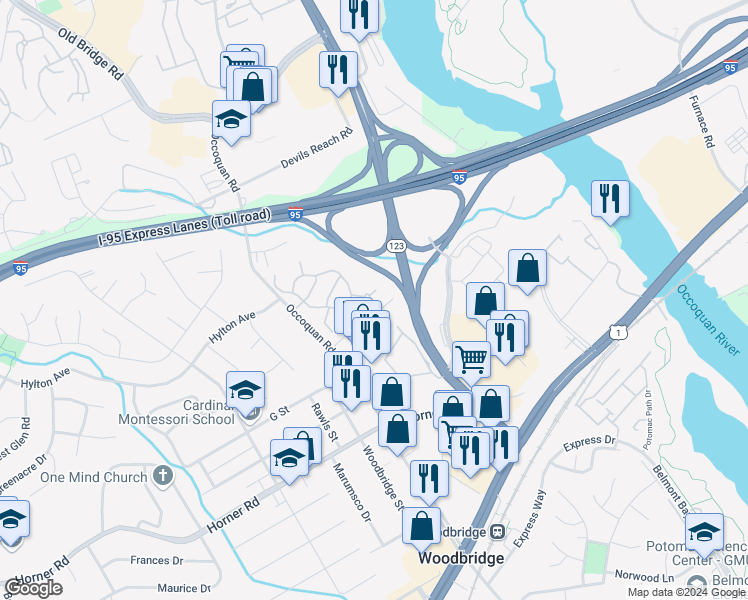 map of restaurants, bars, coffee shops, grocery stores, and more near 1219 Fox Run Place in Woodbridge