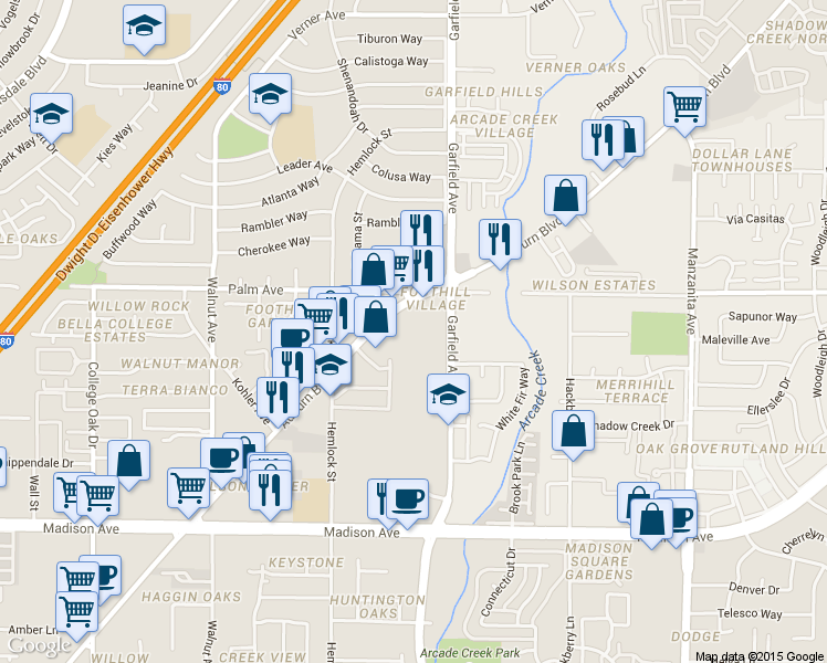 map of restaurants, bars, coffee shops, grocery stores, and more near 5400 Auburn Boulevard in Sacramento